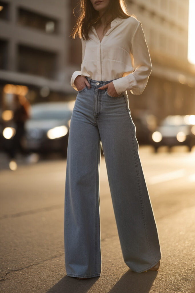 Wide Leg Jeans Paired with a Silk Blouse for a Minimalist Look