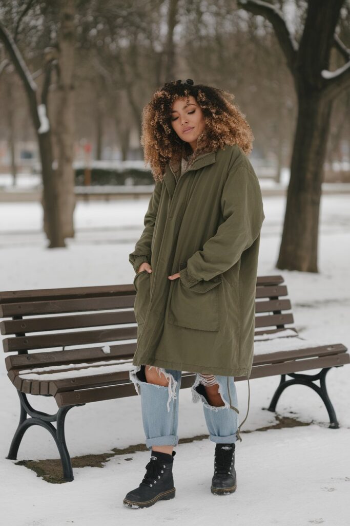 Casual Winter Layering with a Parka and Distressed Denim