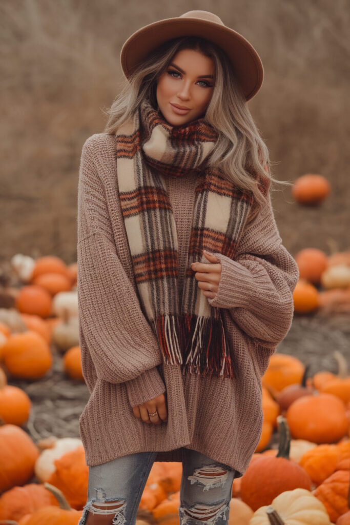 Oversized Sweater and Plaid Scarf for a Cozy Fall Look