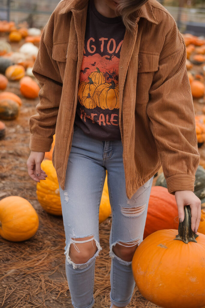 Casual Corduroy and Graphic Tee for a Fun Fall Day