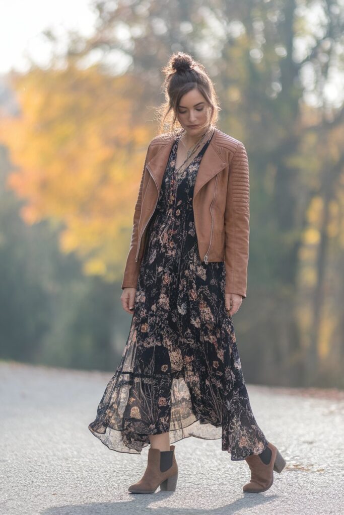 Floral Dress and Moto Jacket with Ankle Boots for Fall