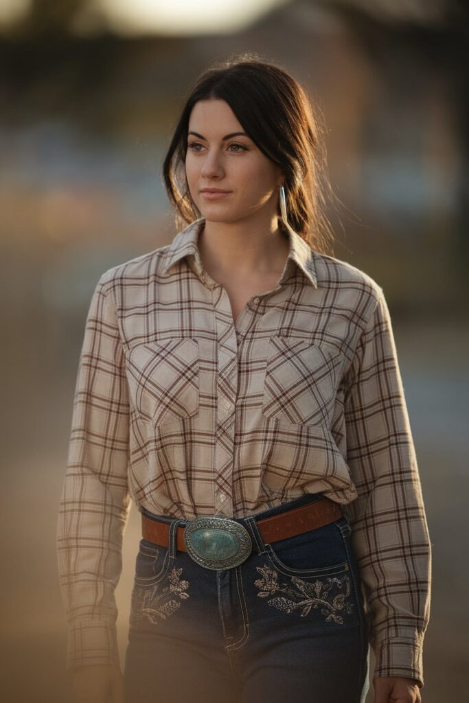 Classic Plaid Shirt and Embellished Jeans