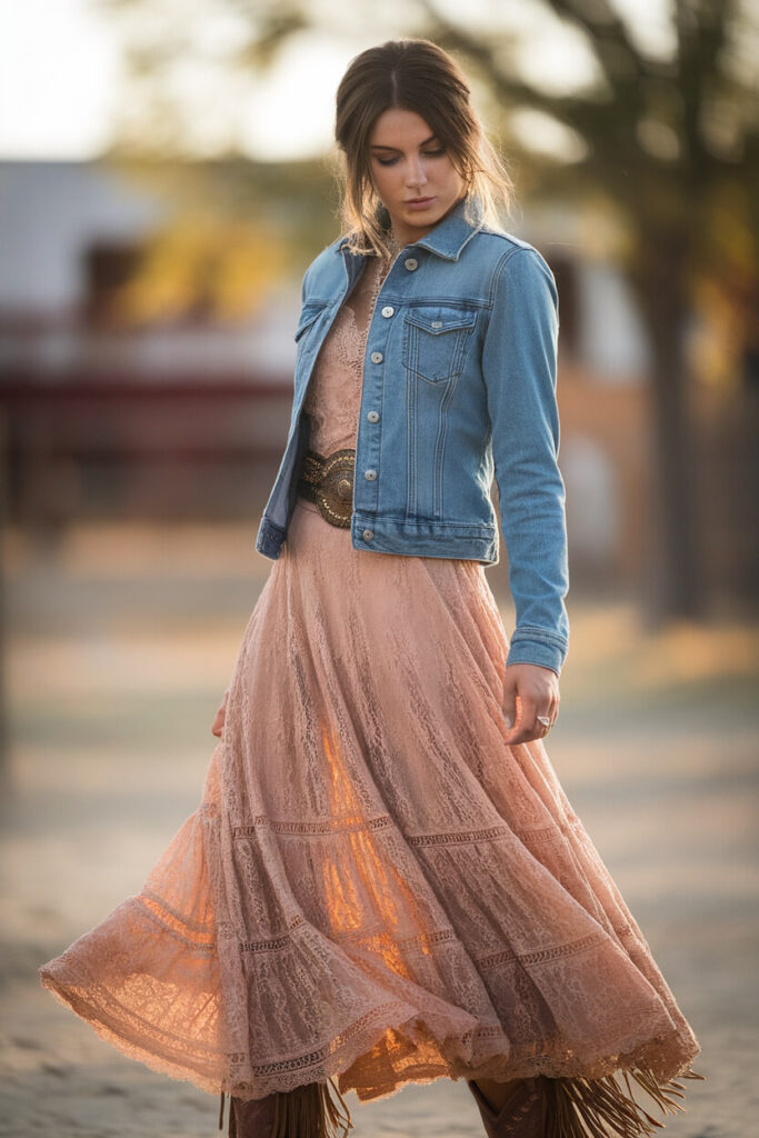 Casual Denim Jacket Over Lace Dress 