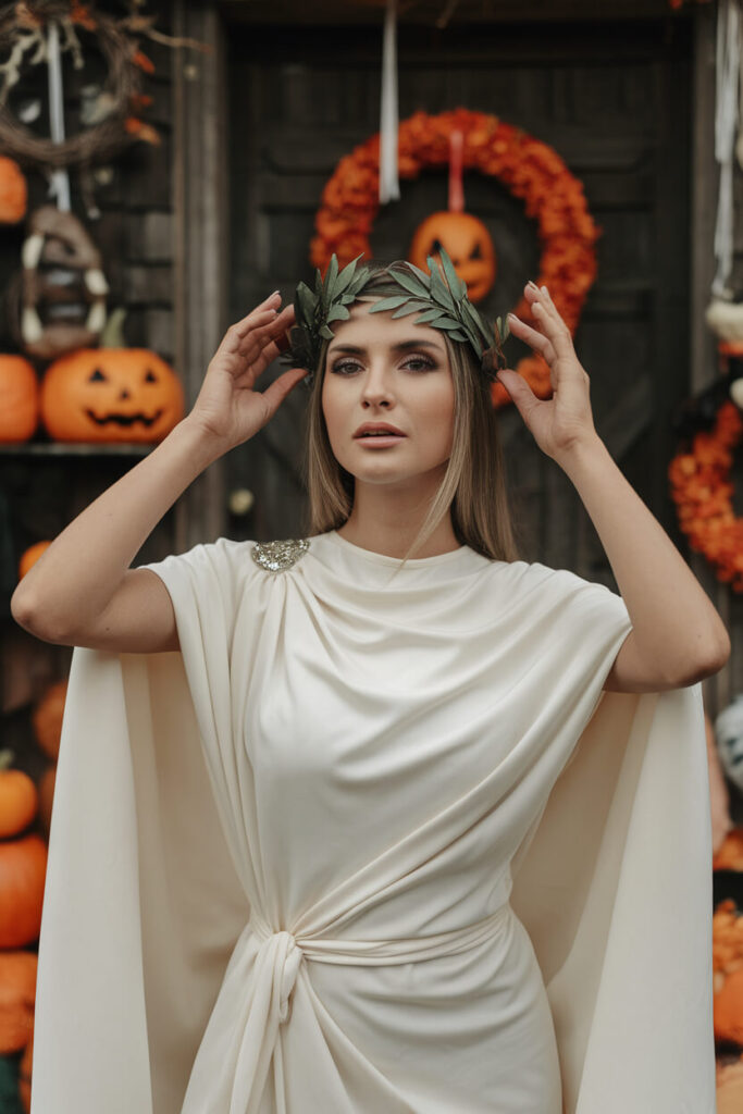 Greek Goddess Attire Image name: 15 Halloween party outfits (2).png Channel your inner goddess with this graceful Greek-inspired costume. The flowing white gown and delicate laurel crown evoke ancient elegance. The draped fabric is simple yet impactful, making this costume a timeless and effortless choice for any Halloween event. White Draped Gown Gold Laurel Crown Silver Embellished Brooch