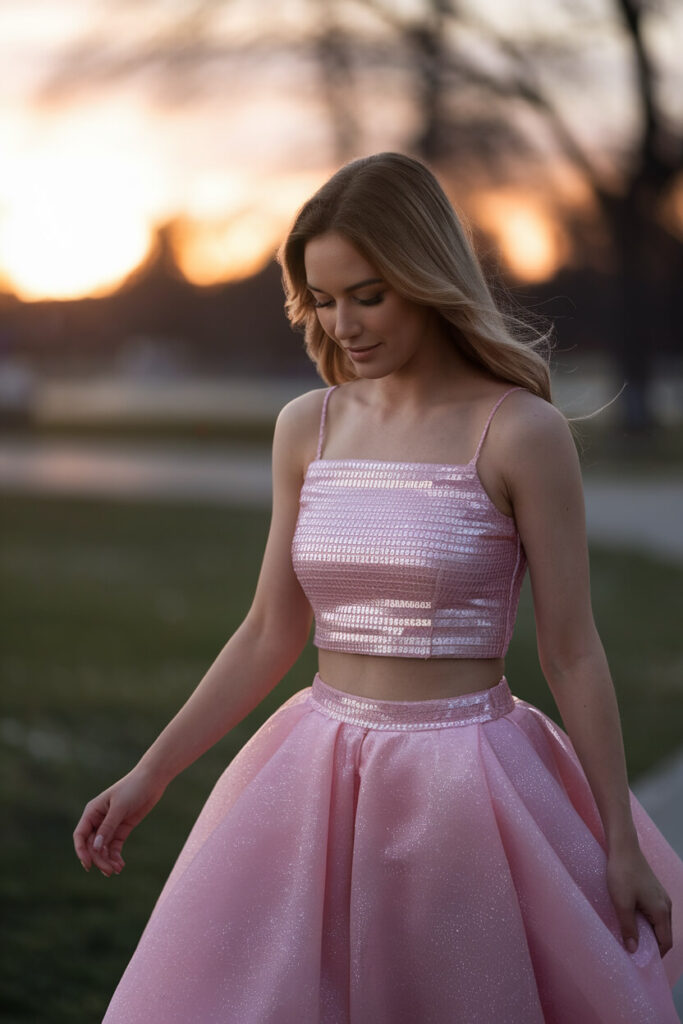 Shimmering Pink Two-Piece for an Elegant Evening