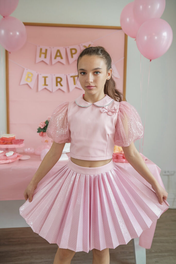 Playful Pink Birthday Ensemble with Puff Sleeves