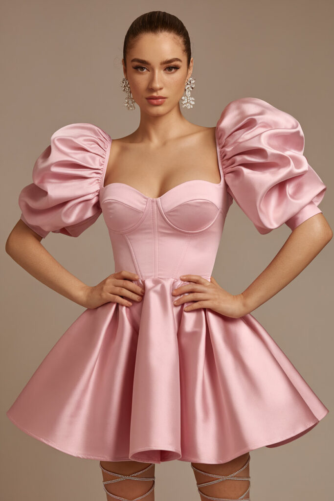  Statement Satin Dress with Dramatic Puff Sleeves