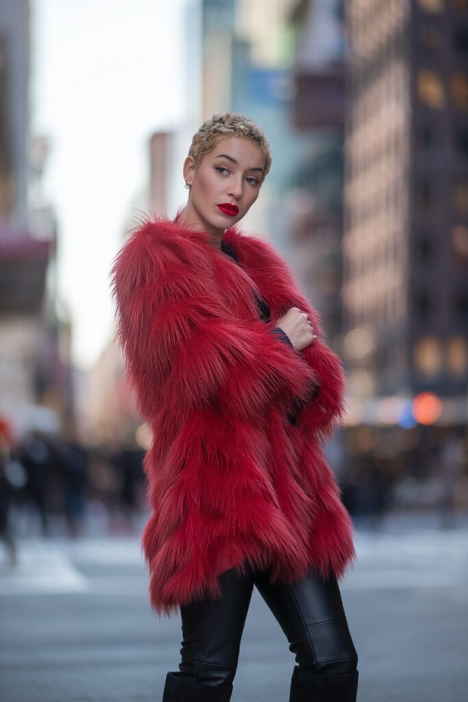 Bold Statement with Red Faux Fur Coat