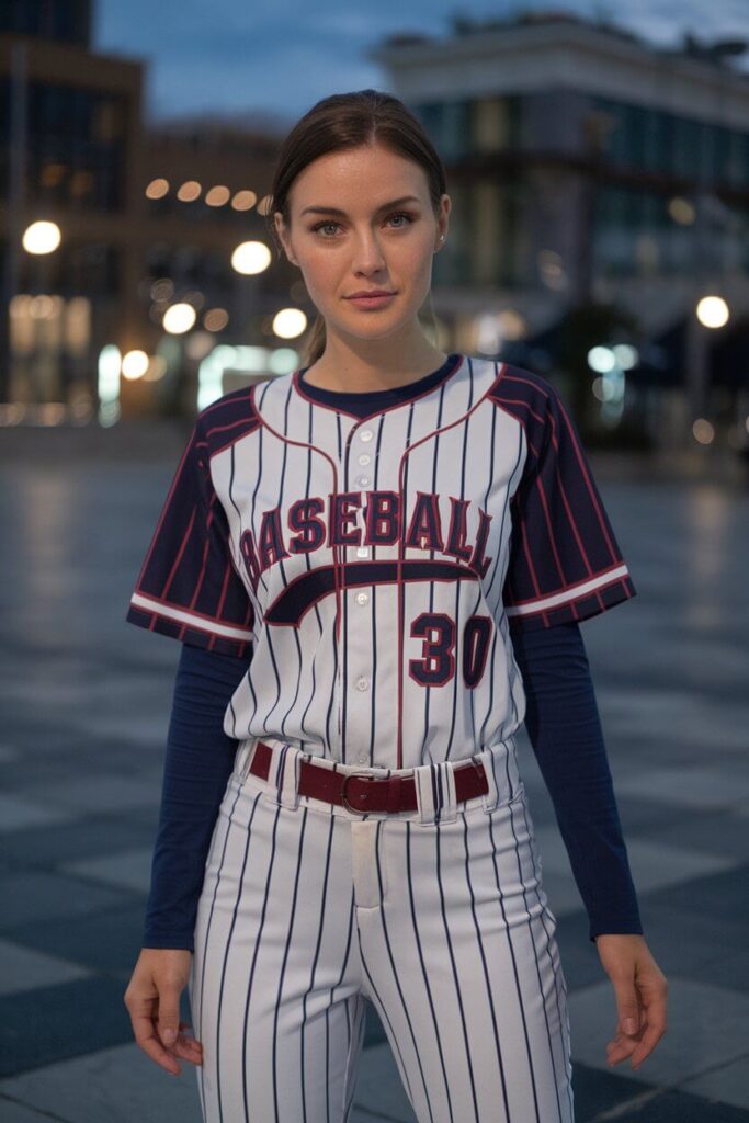 This timeless baseball uniform combines vintage charm with modern comfort. The pinstriped design gives a professional edge, while the fitted silhouette ensures ease of movement during the game. The navy blue long sleeves and maroon accents offer a stylish contrast to the white base, making this uniform stand out on the field.