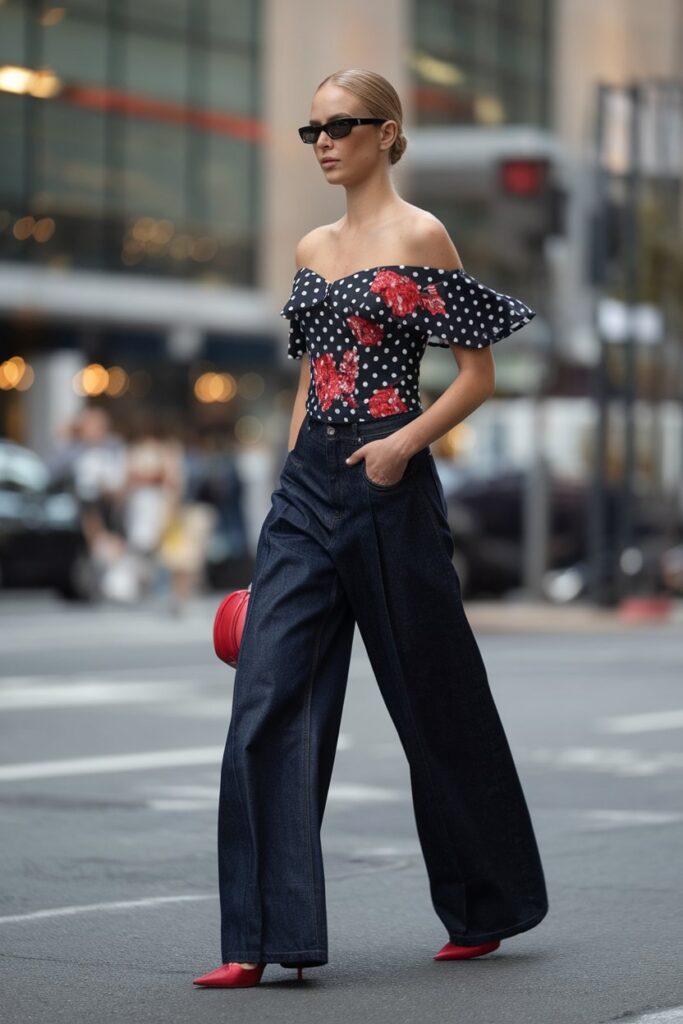 Off-shoulder floral polka dot top High-waisted wide-leg denim jeans Red pointed-toe heels