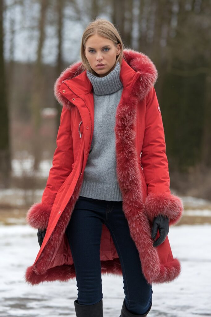 Red Fur-Trimmed Coat for a Bold Winter Statement