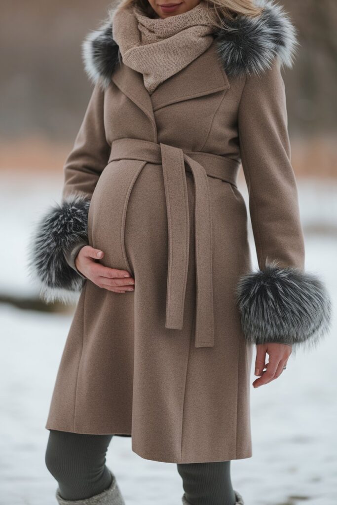 Belted Wool Coat with Faux Fur Accents for Winter Elegance