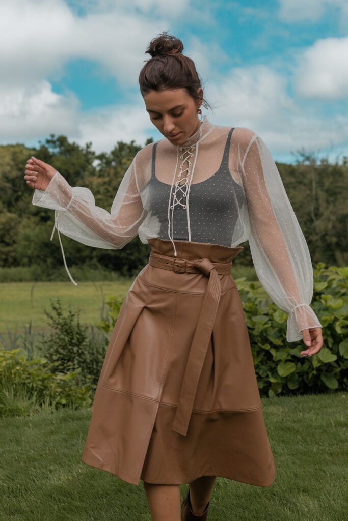 Delicate Sheer Top Paired with Bold Leather Skirt