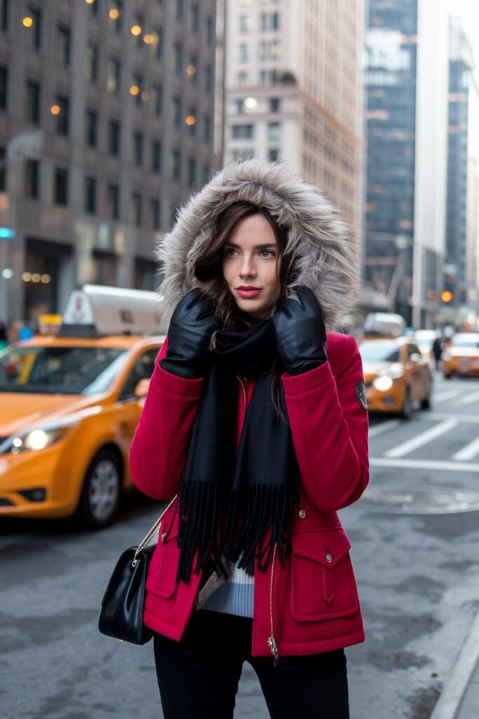 Bold Red Jacket with Fur Hood for Urban Winters