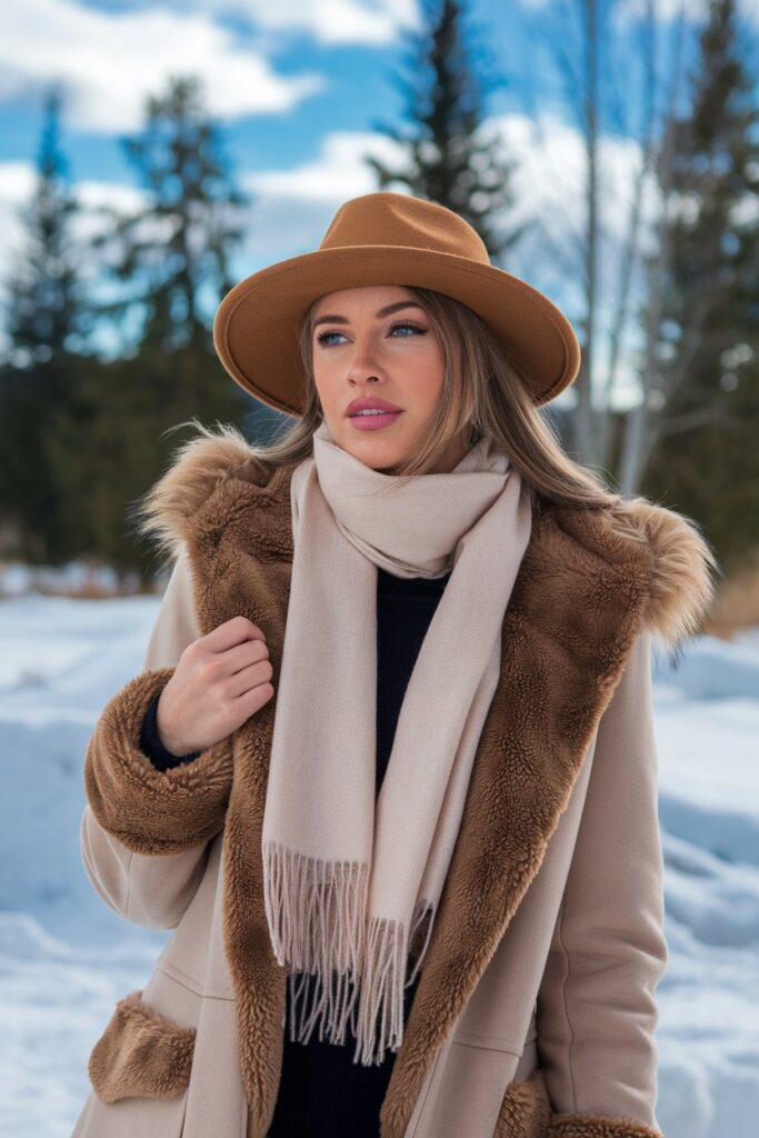 Elegant Beige Winter Coat with Matching Accessories