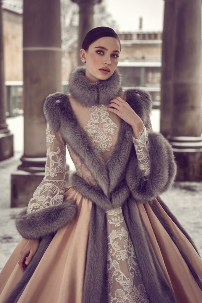 Embroidered Gown with Fur Trim