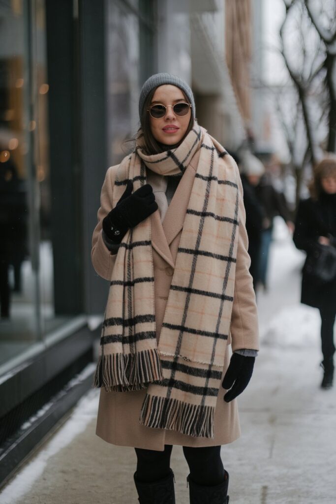 Cozy in Checked Scarf and Camel Coat