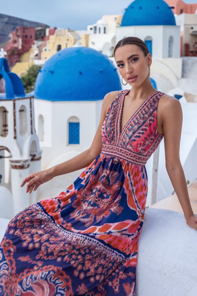 Vibrant Maxi Dress for a Santorini Sunset