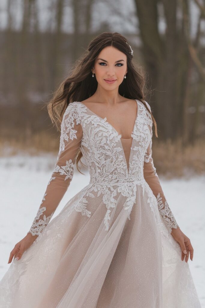 Lace Appliqué Gown with Deep V-Neckline