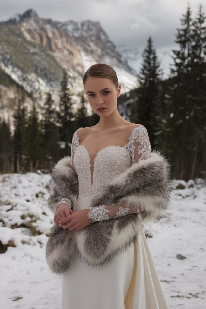 Lace Illusion Gown with Fur Wrap