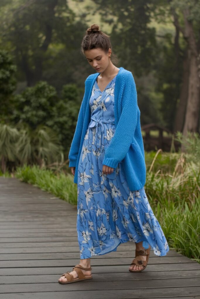 Effortless Comfort in a Blue Floral Dress and Knit Cardigan