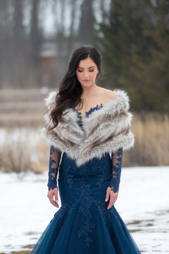 Navy Lace Gown with Faux Fur Wrap