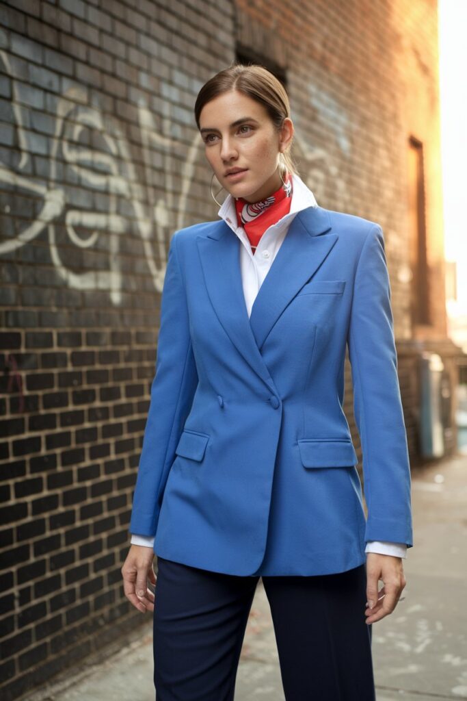 Bold and Professional in a Blue Blazer and Red Scarf