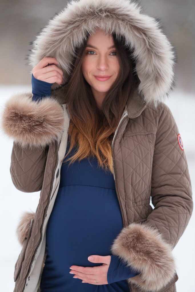 Quilted Maternity Jacket with Fur Accents