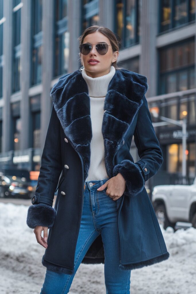 Bold Winter Statement with Navy Fur Accents