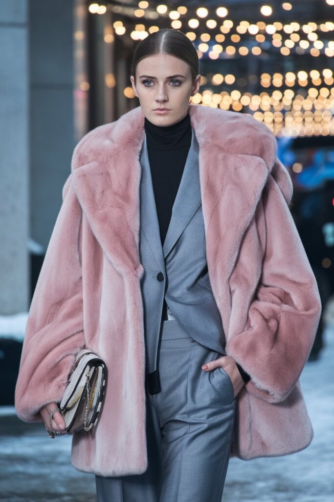 Bold in Pink Fur and Tailored Suit