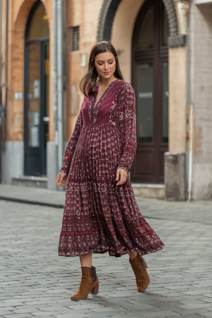 Flowing Elegance in a Burgundy Bohemian Dress