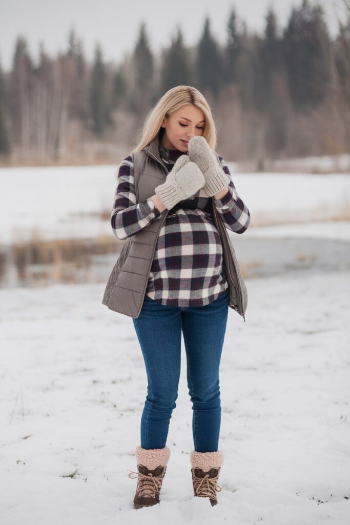 Cozy Outdoor Winter Look with Plaid and Knit Accents