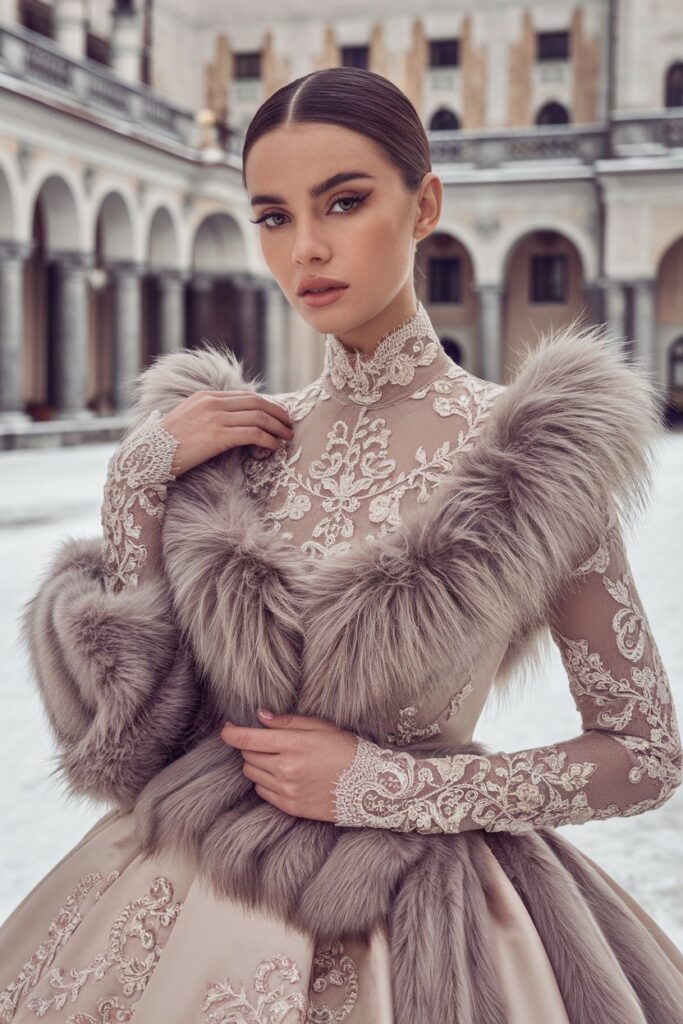 High-Neck Embroidered Gown with Fur Wrap