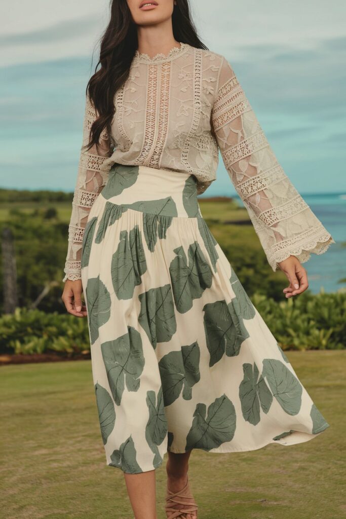 Lace Blouse and Leaf Print Skirt