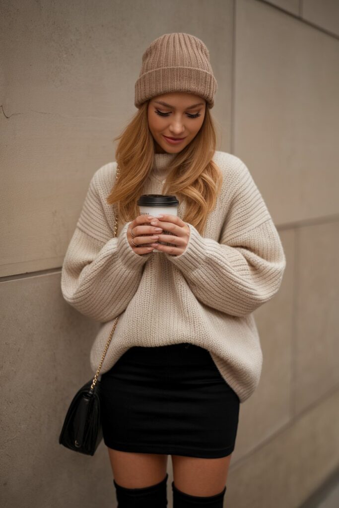 Cosy Fall Look with a Black Mini Skirt