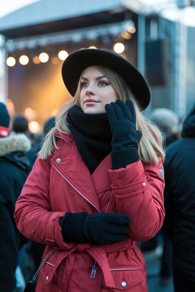 Bold Winter Concert Outfit with a Pop of Red