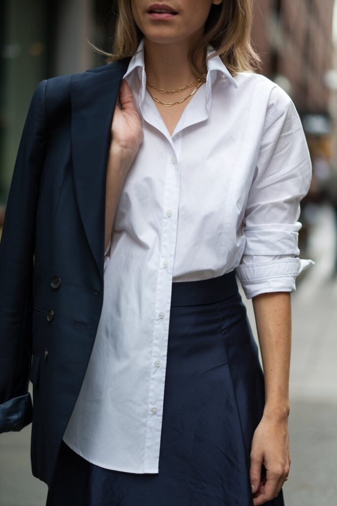 Classic White Shirt Paired with Navy for an Effortless Look