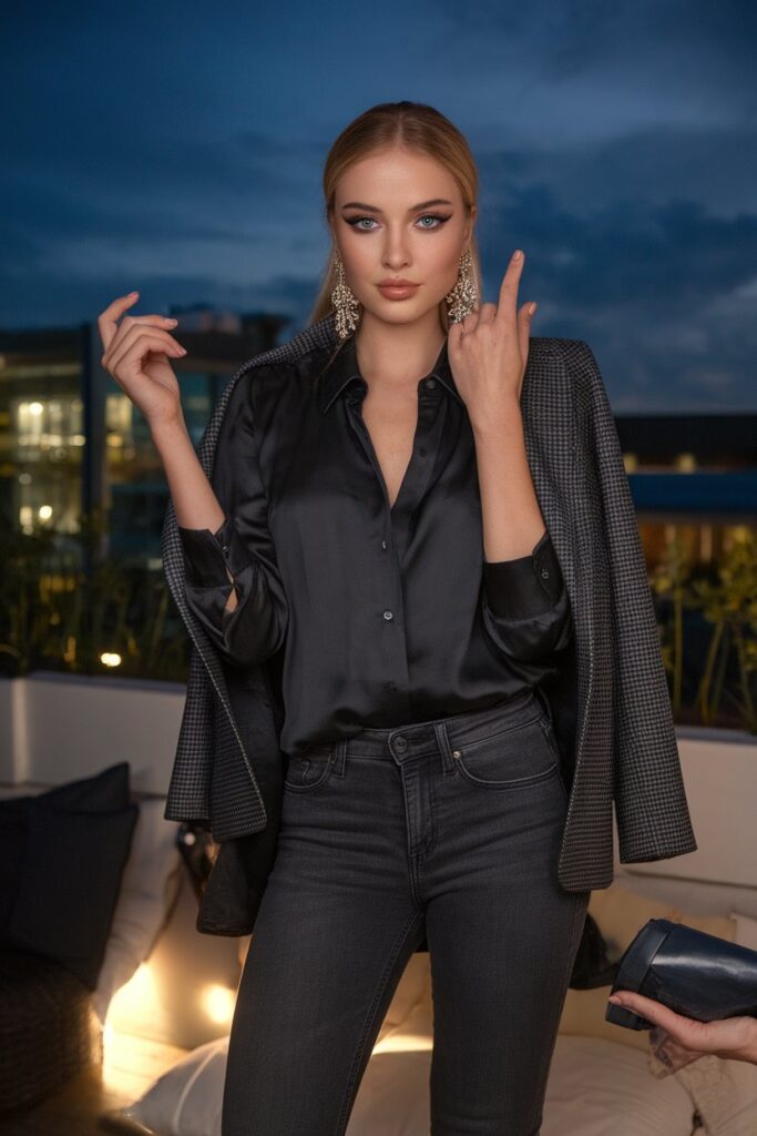 Dark Grey Jeans with Black Silk Blouse