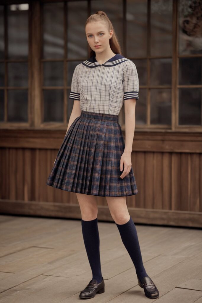 Navy Pleated Skirt with Sailor Collar Top