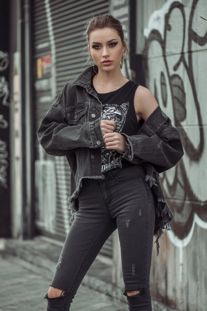 Edgy Dark Grey Jeans with a Graphic Tank