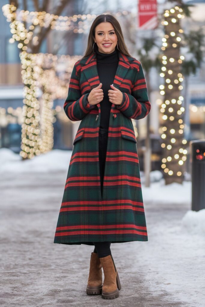 Plaid Long Coat With Chunky Ankle Boots