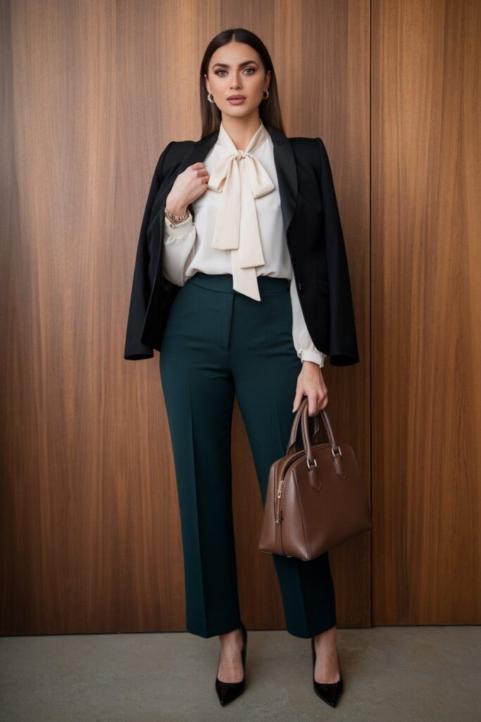 Professional Green Trousers and Bow Blouse Look