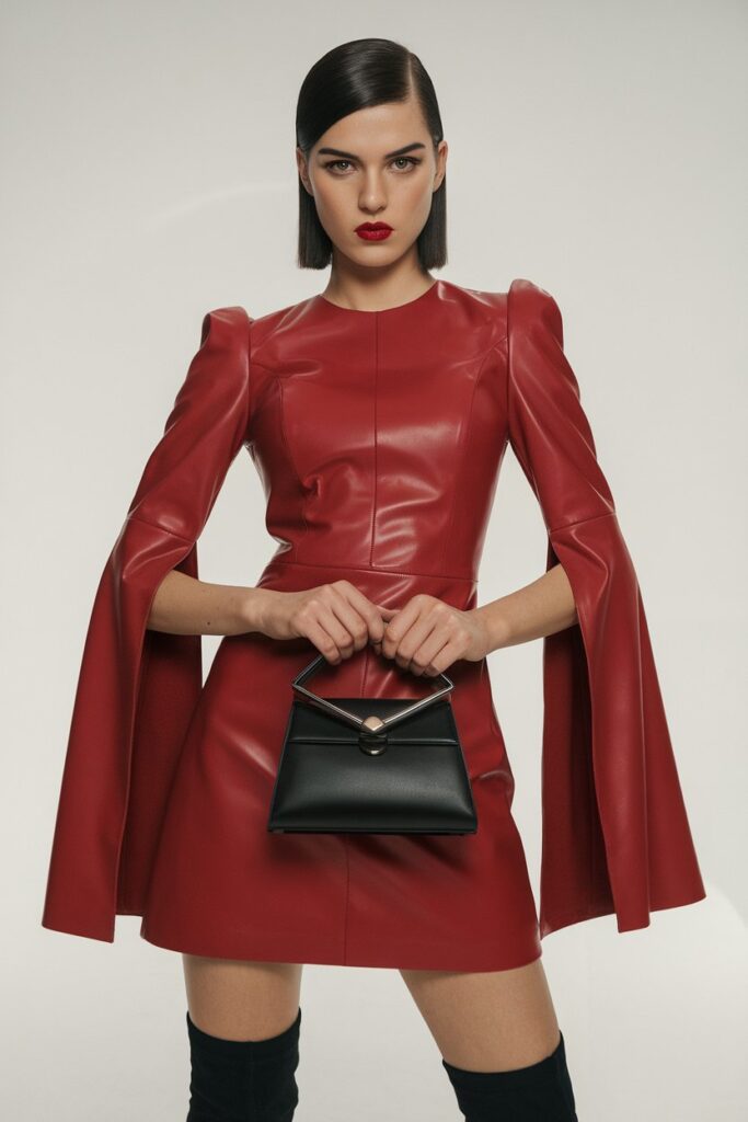 Red Faux Leather Dress with Cape Sleeves