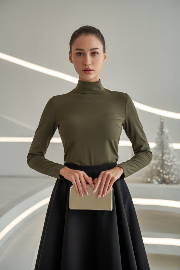 Olive Green High-Neck Top With Flared Skirt