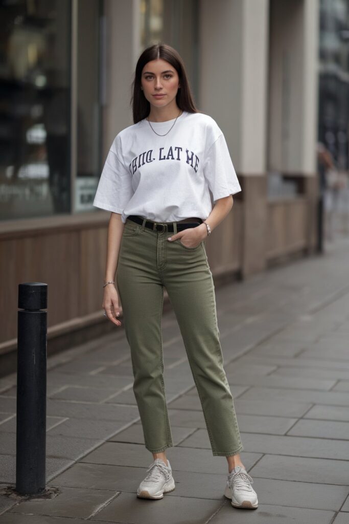 Relaxed Green Jeans and Graphic Tee Look