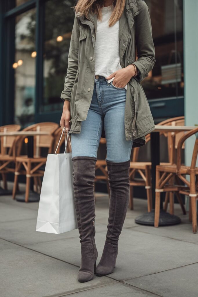 Effortlessly Casual in a Utility Jacket and Thigh-High Boots