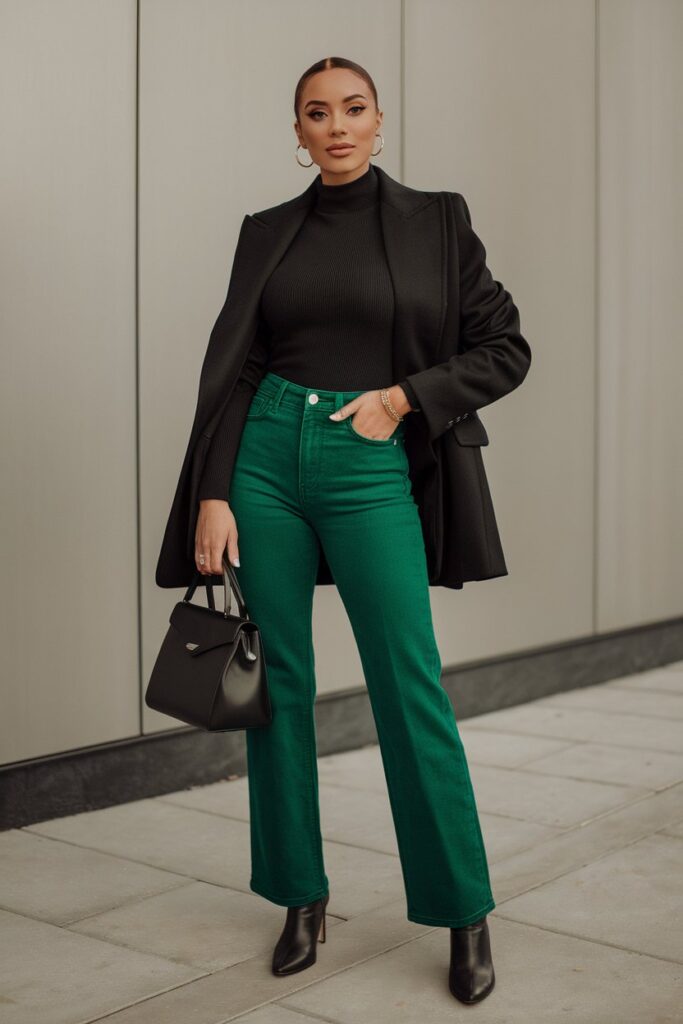 Sophisticated Green Jeans and Black Turtleneck Look