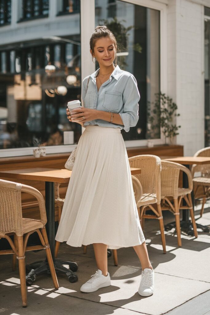 Effortless Chic Denim Shirt with Flowing Midi Skirt