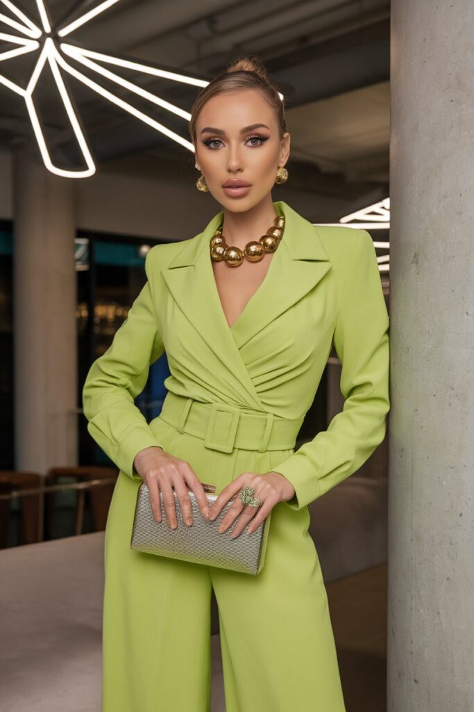 Lime Green Belted Jumpsuit With Gold Accessories