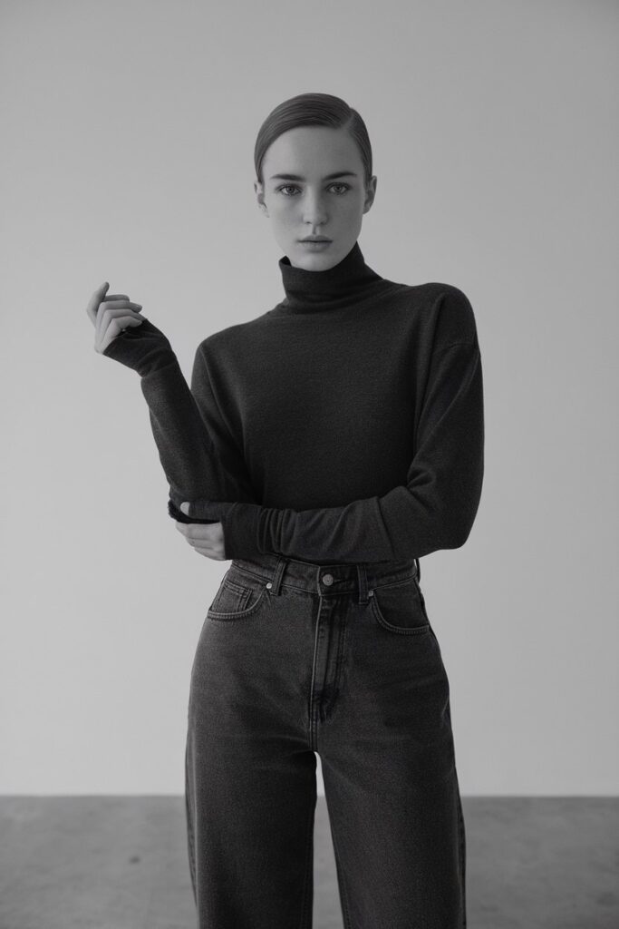 Minimalist Dark Grey Jeans with Black Turtleneck